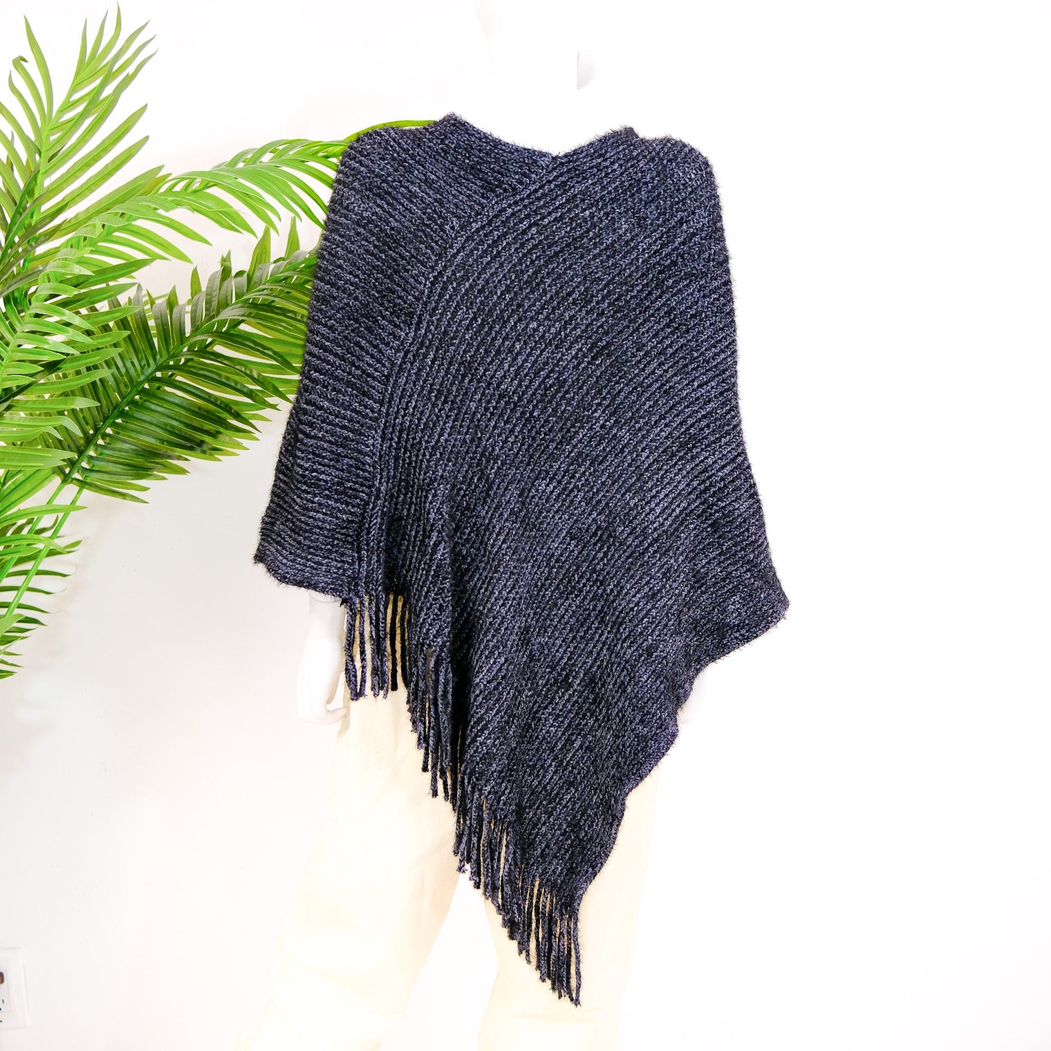 Hand Knit V Neck Winter Ponchos with Fringe