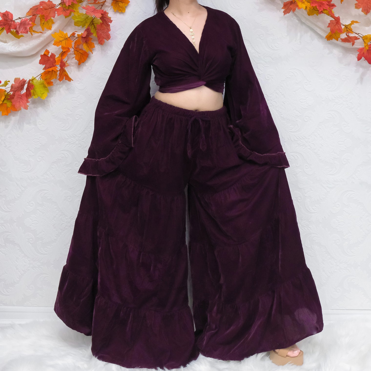 Velvet Dream Tiered Flowy Pants with Ruffle Wrap Top
