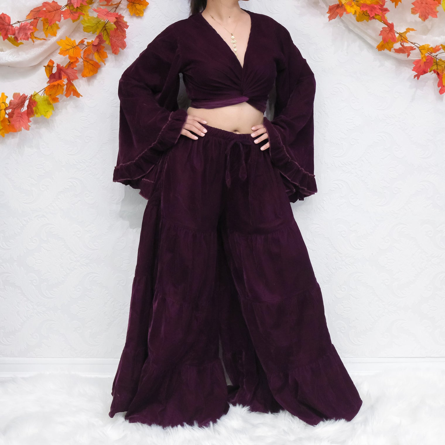 Velvet Dream Tiered Flowy Pants with Ruffle Wrap Top