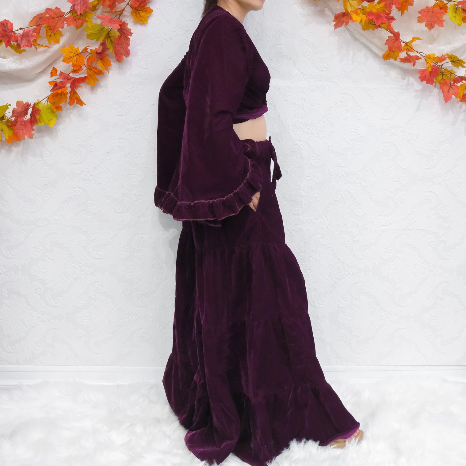 Velvet Dream Tiered Flowy Pants with Ruffle Wrap Top