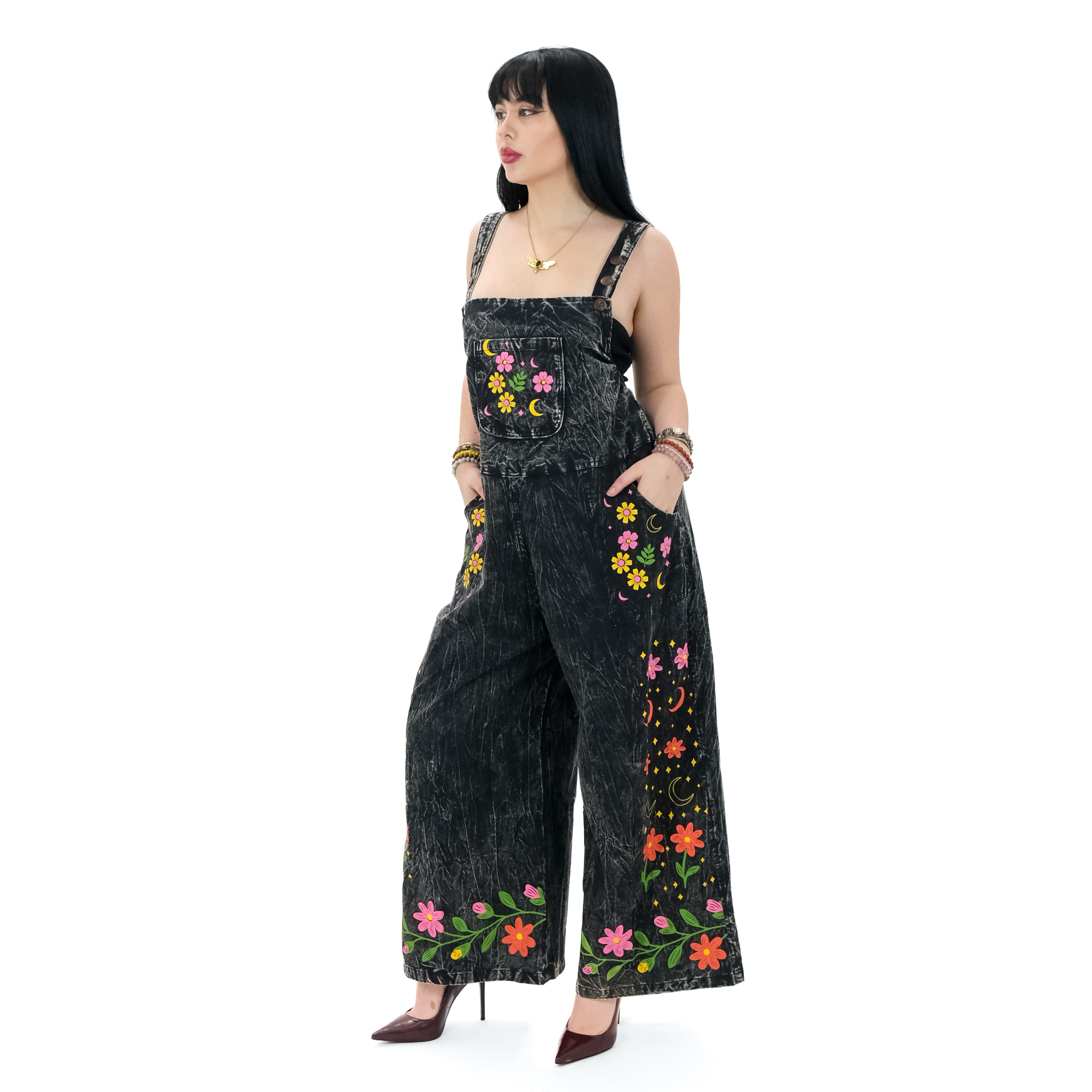 Celestial Floral Cotton Jumpsuit | Stonewashed Wide-Leg Boho