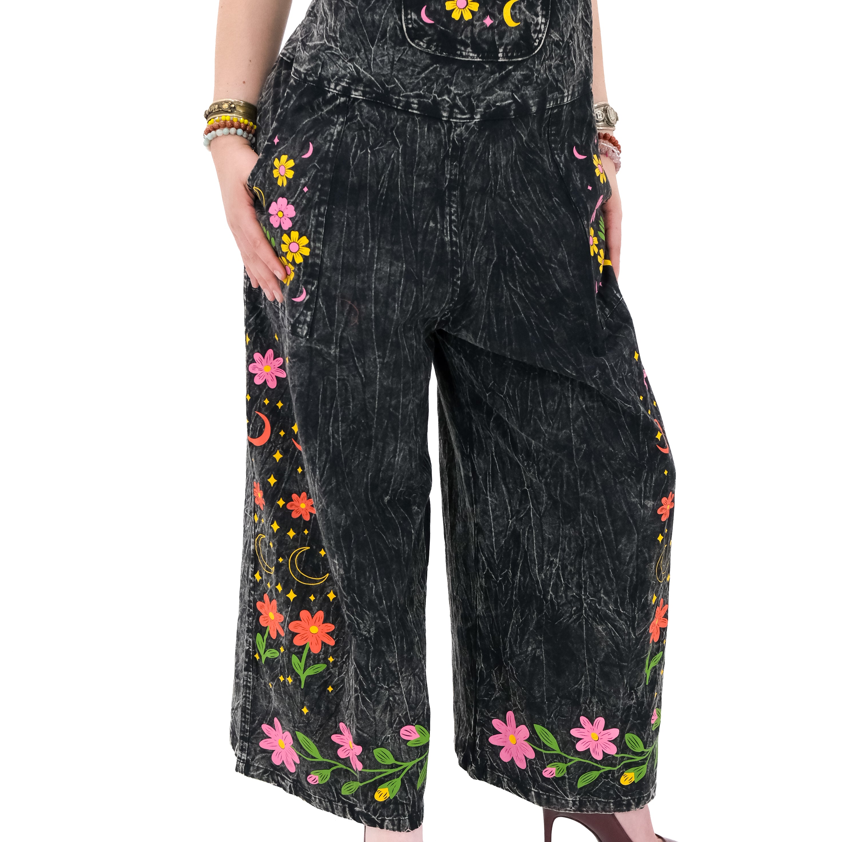 Celestial Floral Cotton Jumpsuit | Stonewashed Wide-Leg Boho