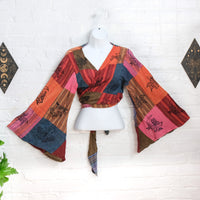 Patchwork Cotton Tie Top with Bell Sleeve