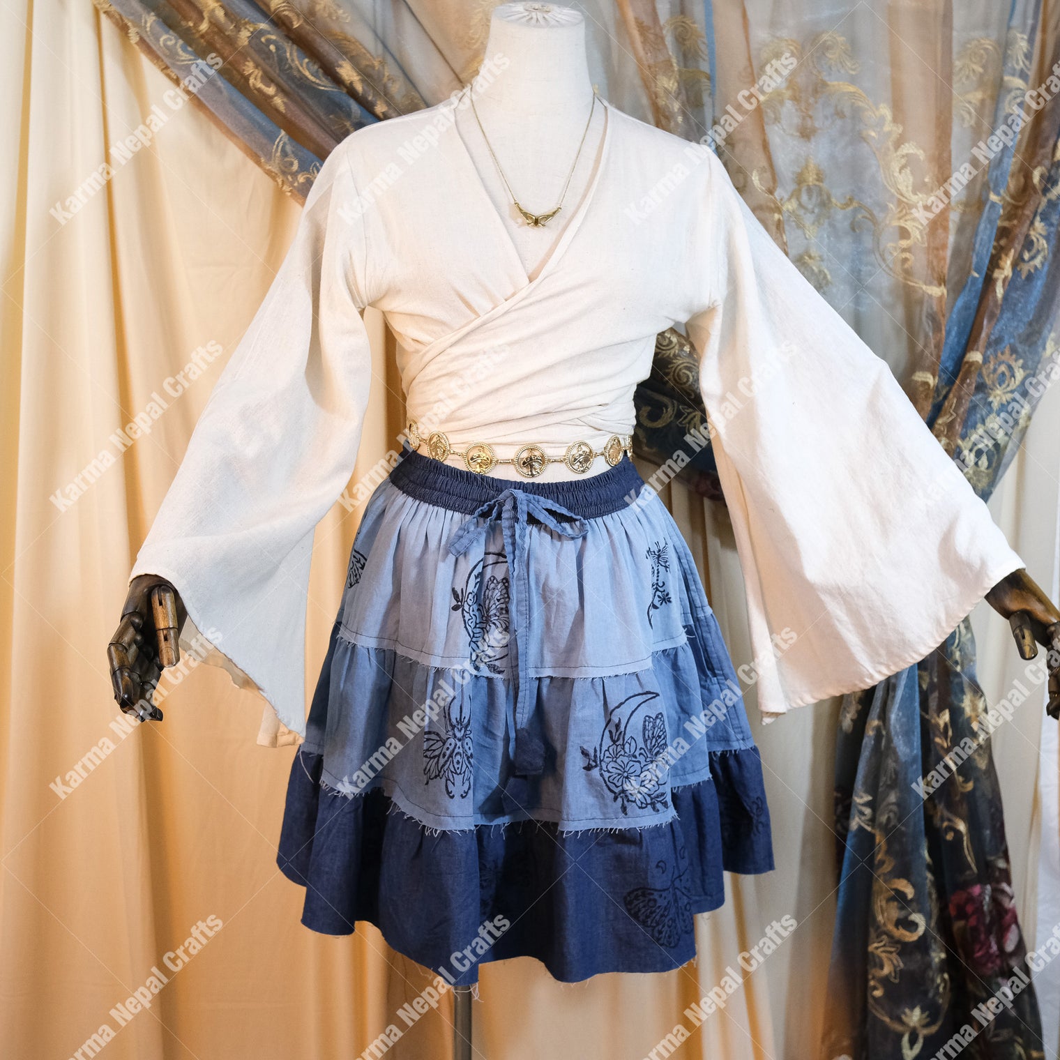 Patchwork Denim Flowy Mini Skort with Pockets