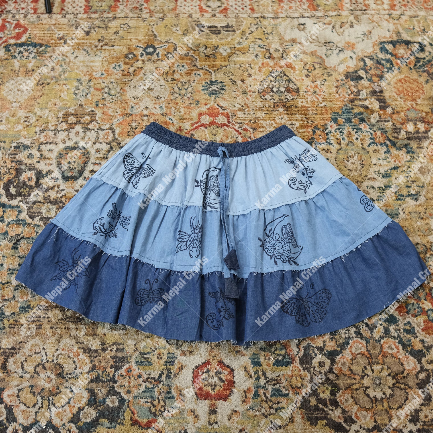 Patchwork Denim Flowy Mini Skort with Pockets