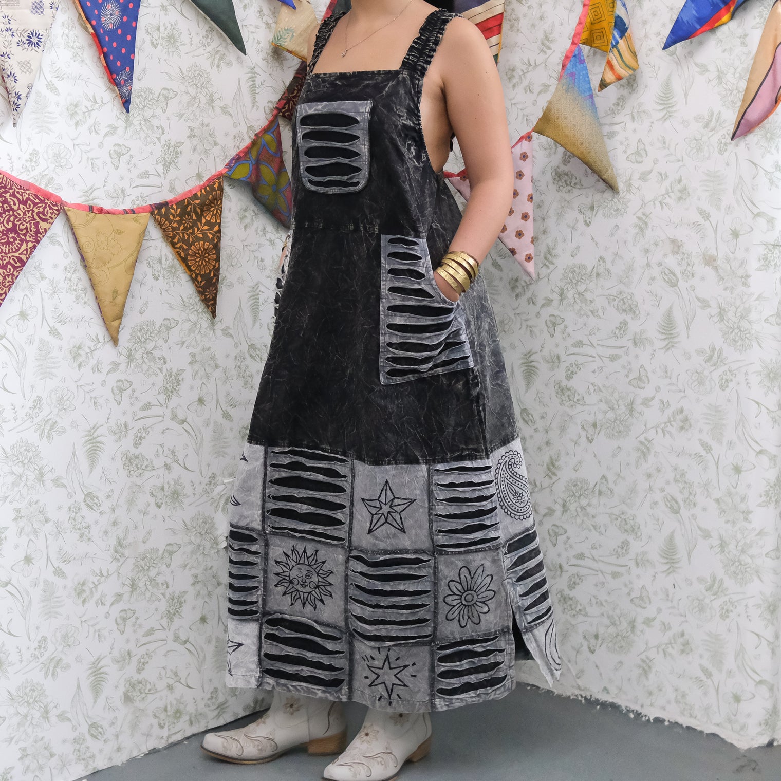 Patchwork Boho Ribbed Block Print Overall Cotton Maxi Dress