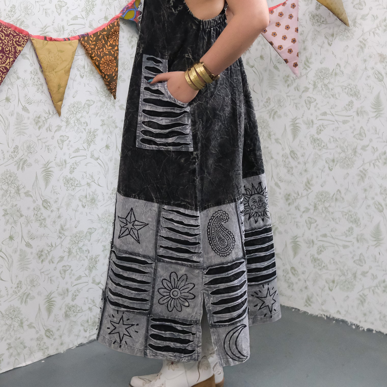 Patchwork Boho Ribbed Block Print Overall Cotton Maxi Dress