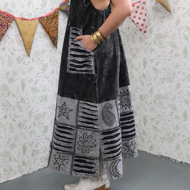 Patchwork Boho Ribbed Block Print Overall Cotton Maxi Dress