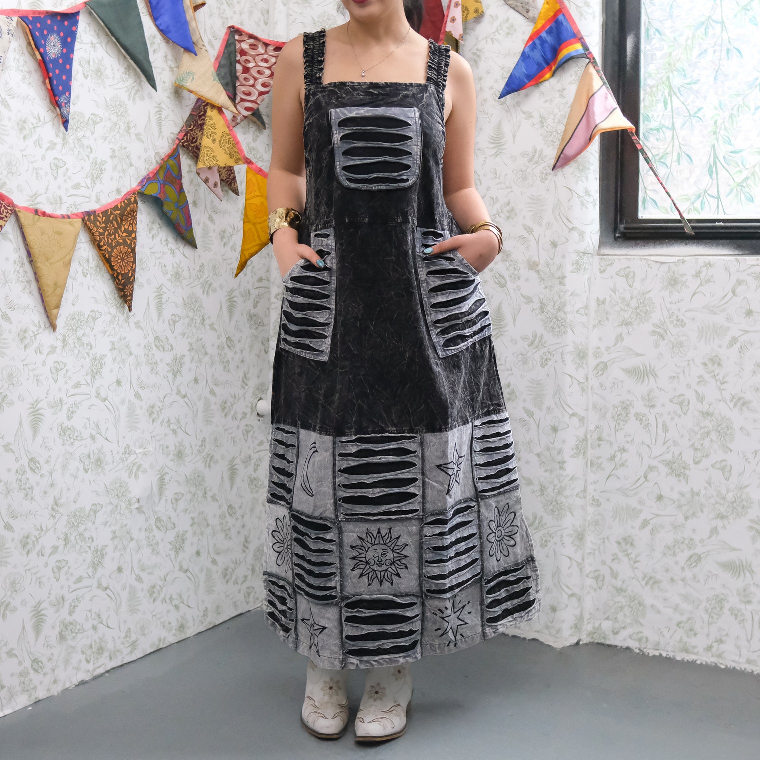 Patchwork Boho Ribbed Block Print Overall Cotton Maxi Dress