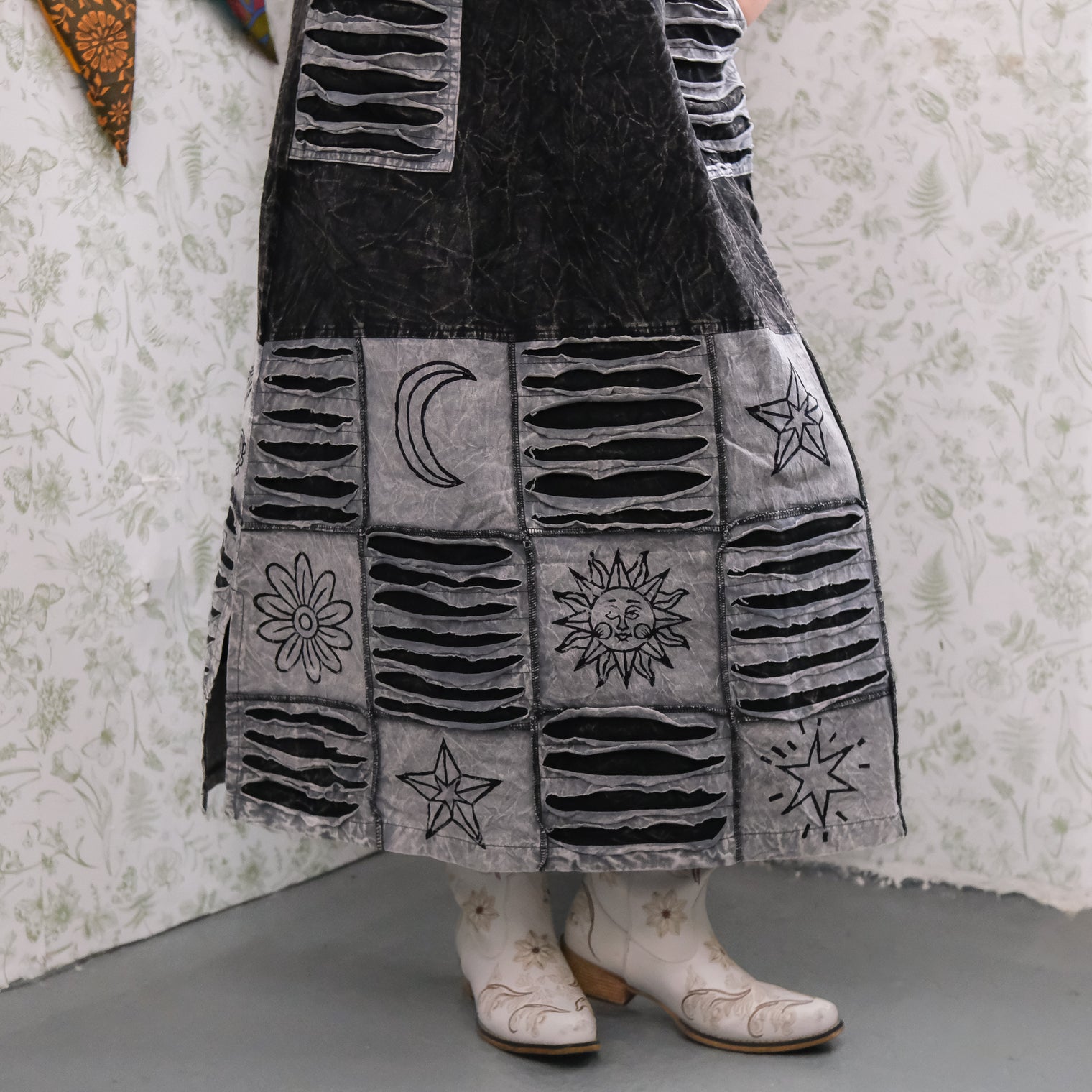 Patchwork Boho Ribbed Block Print Overall Cotton Maxi Dress