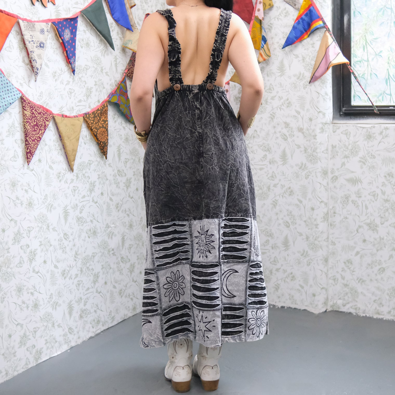 Patchwork Boho Ribbed Block Print Overall Cotton Maxi Dress