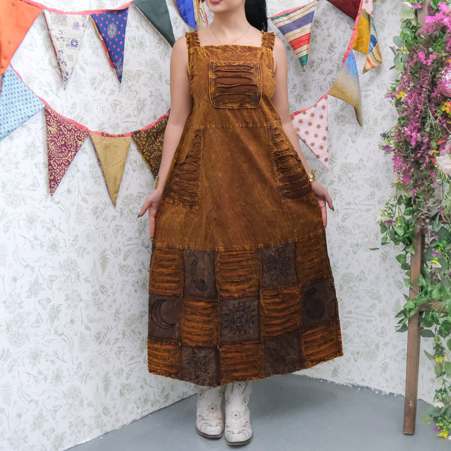 Patchwork Boho Ribbed Block Print Overall Cotton Maxi Dress
