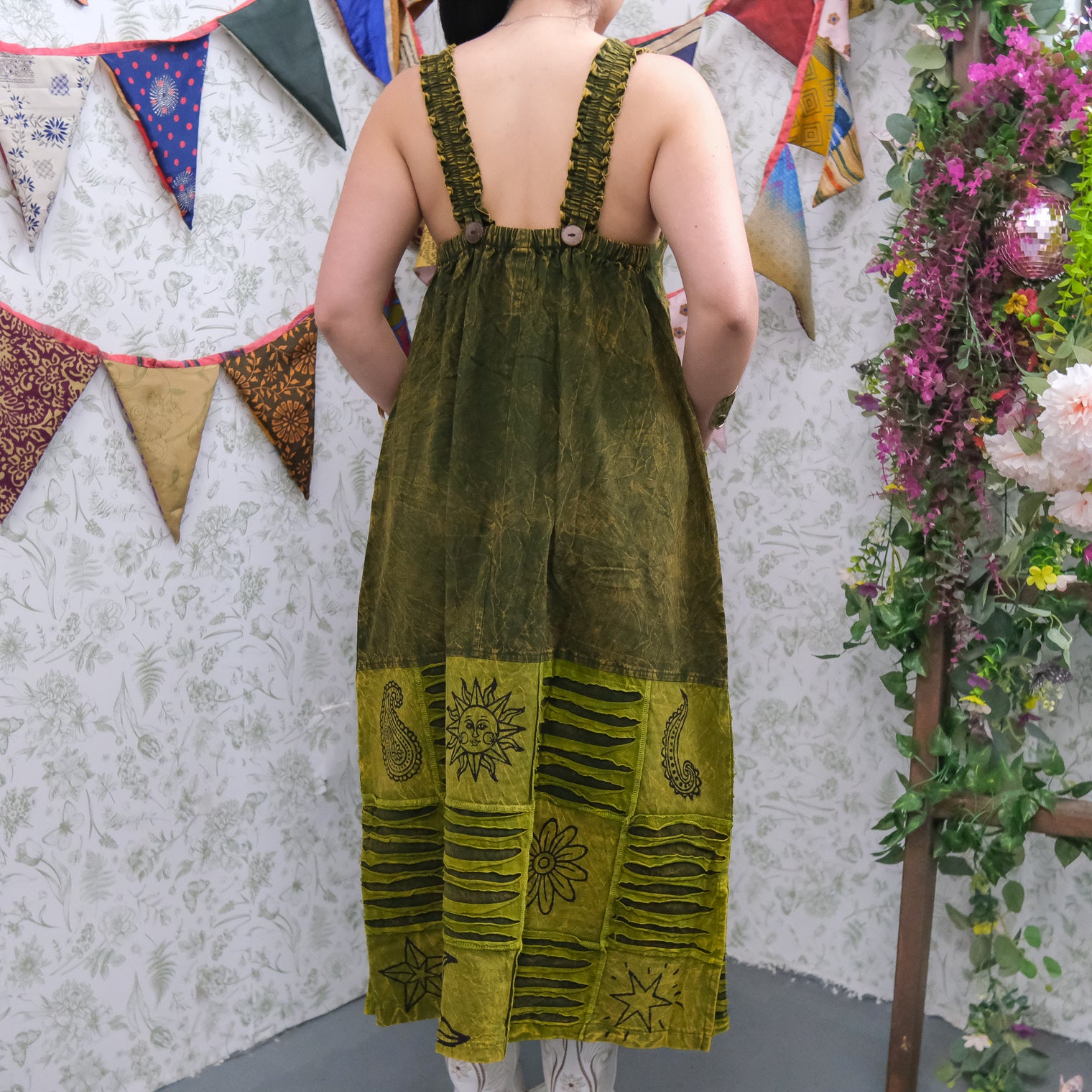 Patchwork Boho Ribbed Block Print Overall Cotton Maxi Dress