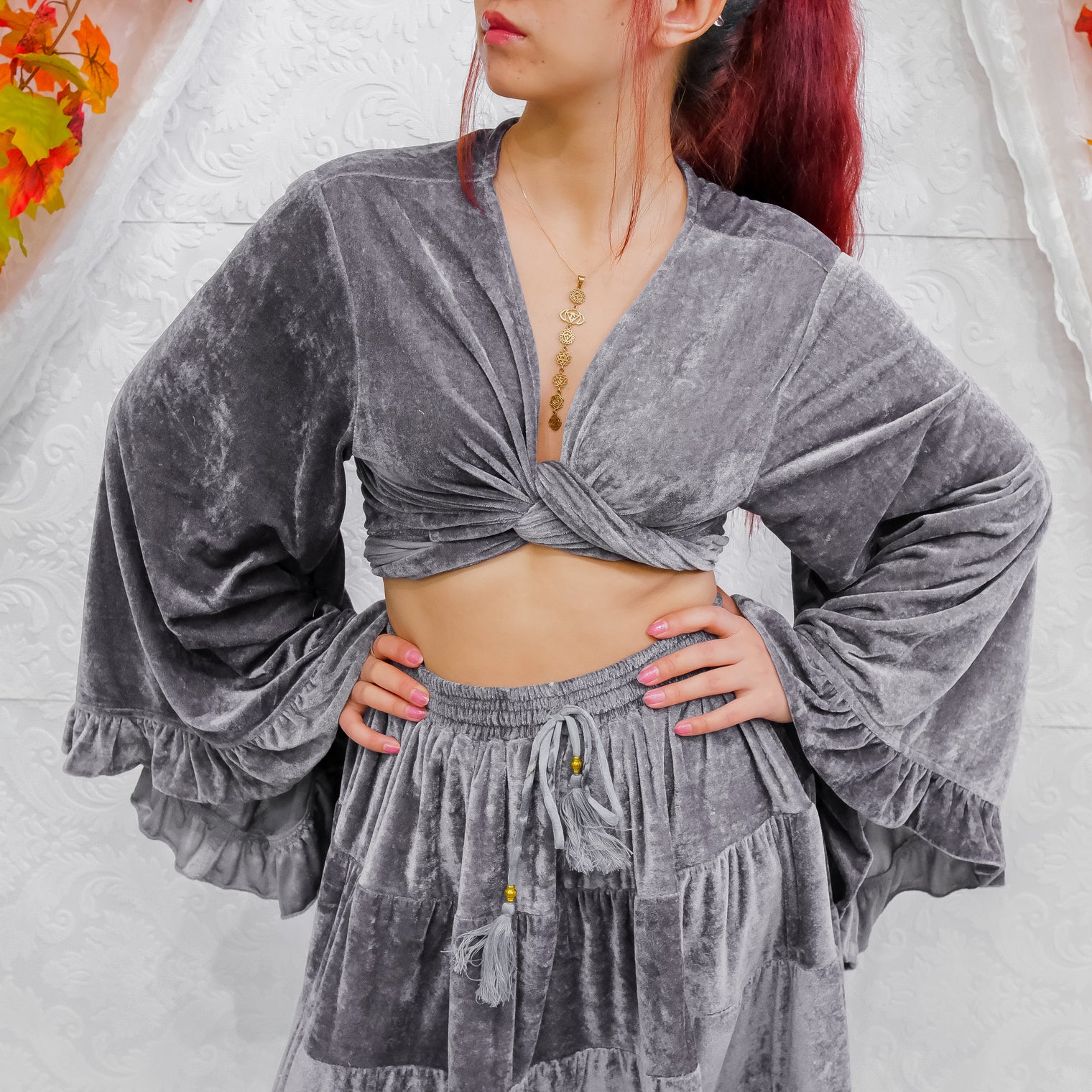 Velvet Boho Wrap Top with Ruffle Sleeve