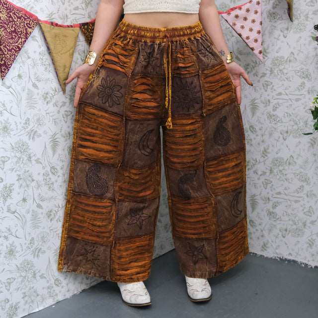 Patchwork Ribbed Block Print Wide Leg Pants