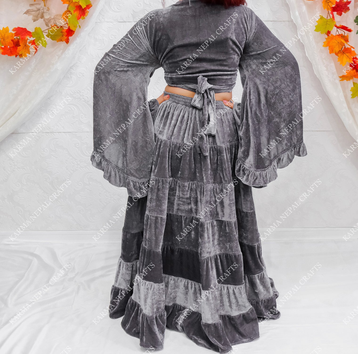 Bohemian Style Flowy Velvet Skirt Set with Ruffle Top