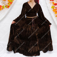 Bohemian Style Flowy Velvet Skirt Set with Ruffle Top