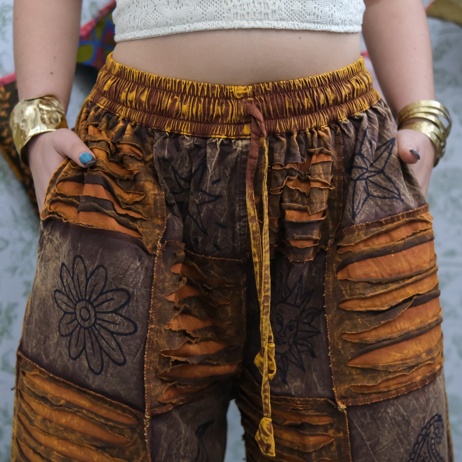 Patchwork Ribbed Block Print Wide Leg Pants