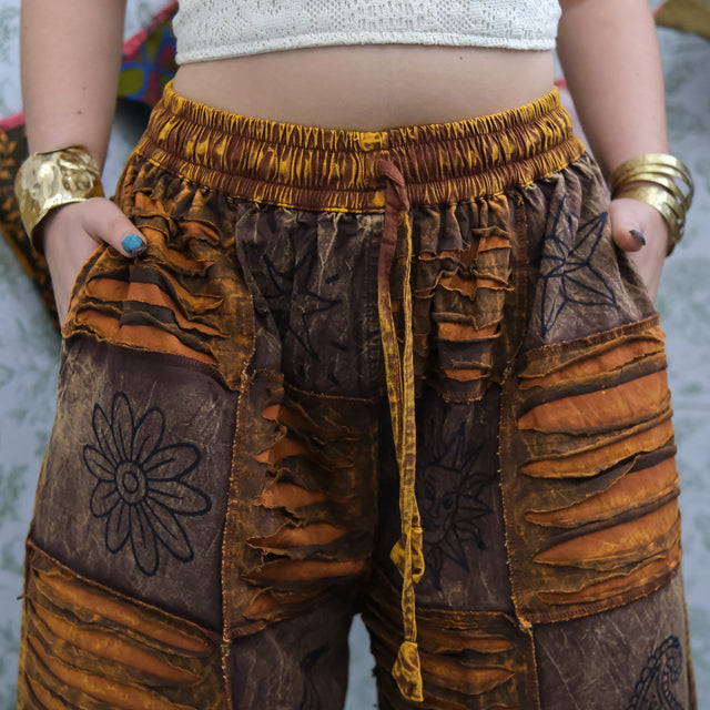 Patchwork Ribbed Block Print Wide Leg Pants