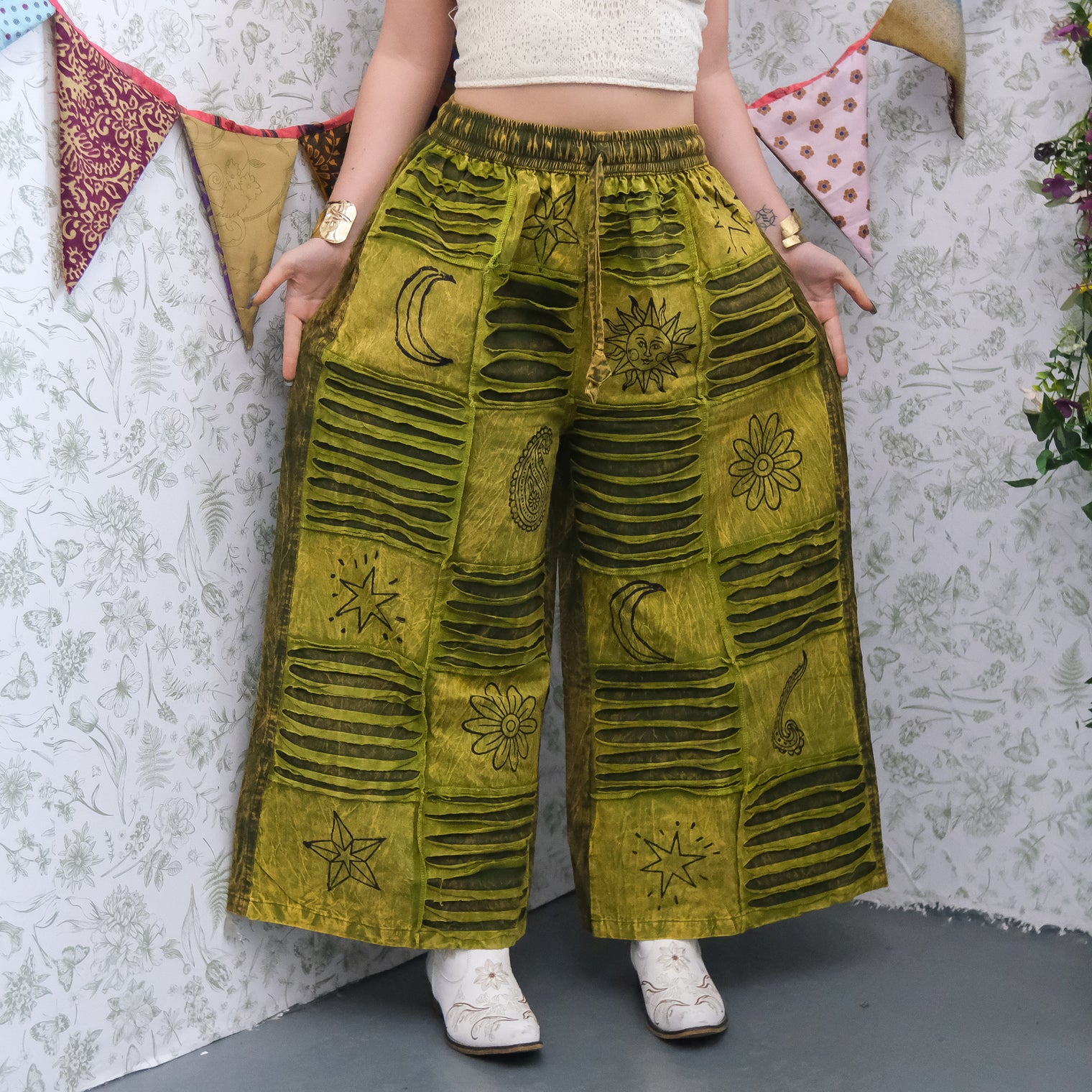 Patchwork Ribbed Block Print Wide Leg Pants
