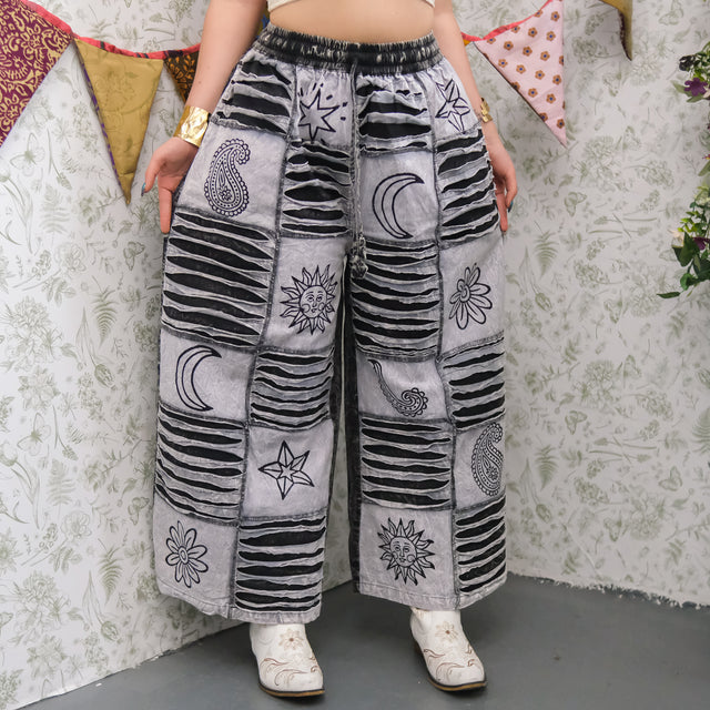 Patchwork Ribbed Block Print Wide Leg Pants