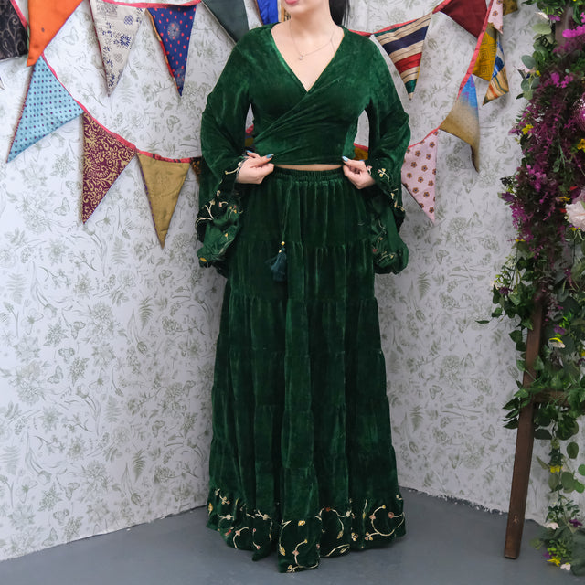 Flowy Velvet Embroidery Skirt with Ruffle Sleeve Top