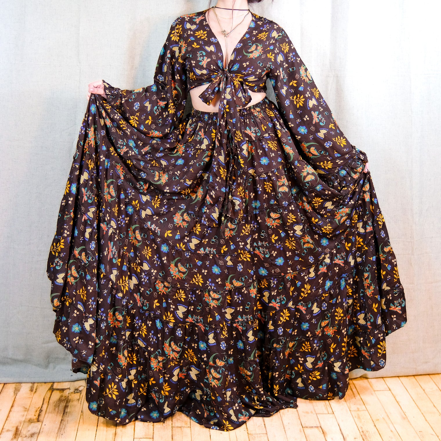 Forest Whisper Skirt with Ruffle Sleeve Top