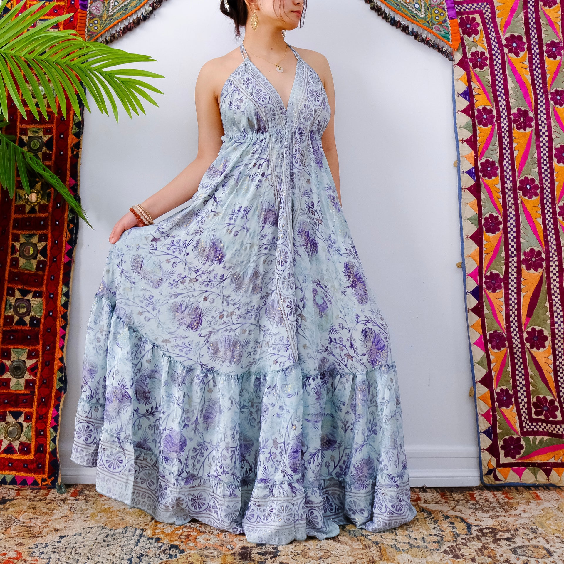 Silk Long Bohemian Tiered Maxi Backless Dress Pink
