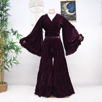Velvet Dream Tiered Flowy Pants with Ruffle Wrap Top Set