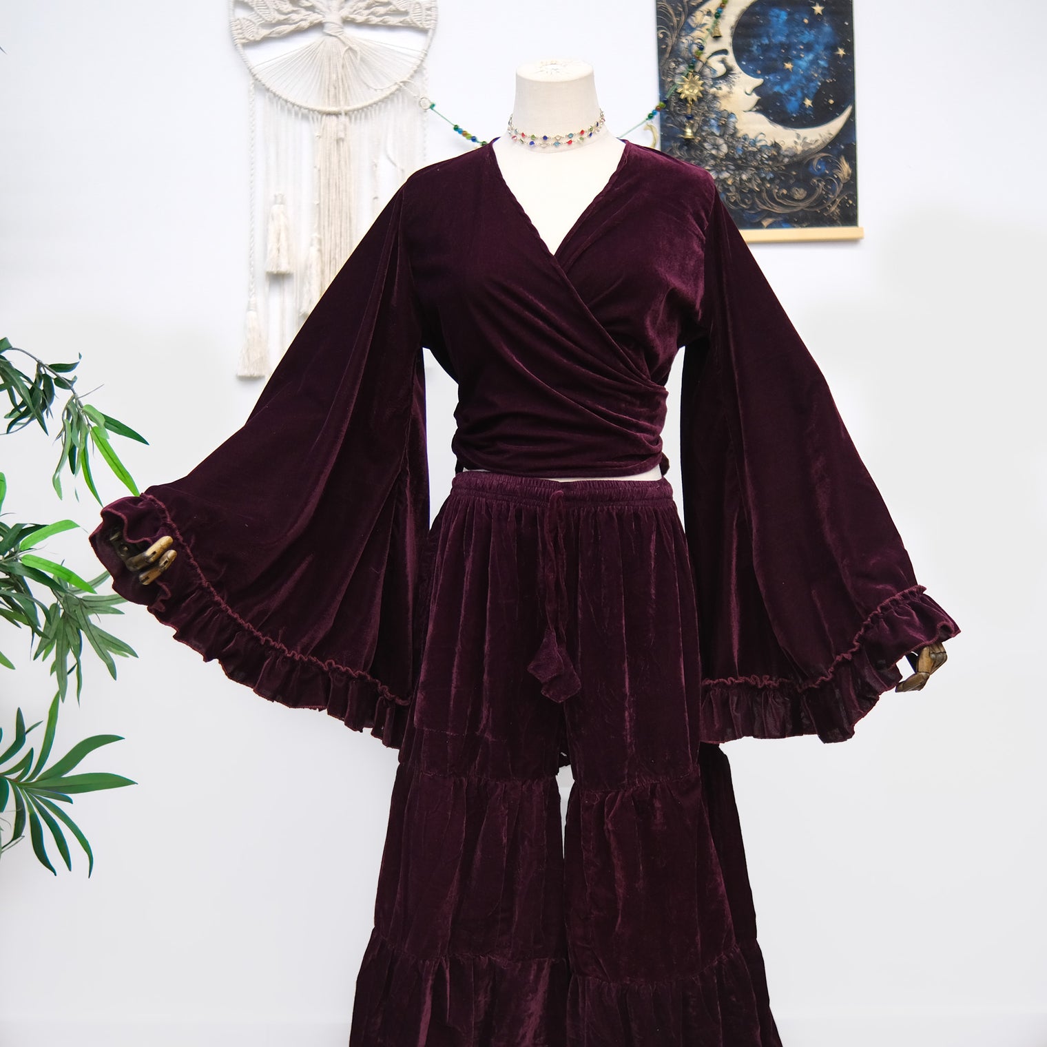 Velvet Dream Tiered Flowy Pants with Ruffle Wrap Top Set