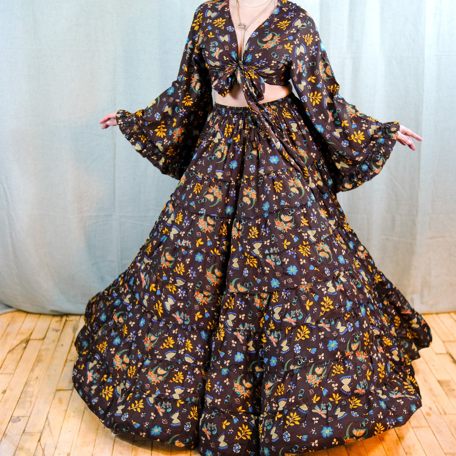 Forest Whisper Skirt with Ruffle Sleeve Top