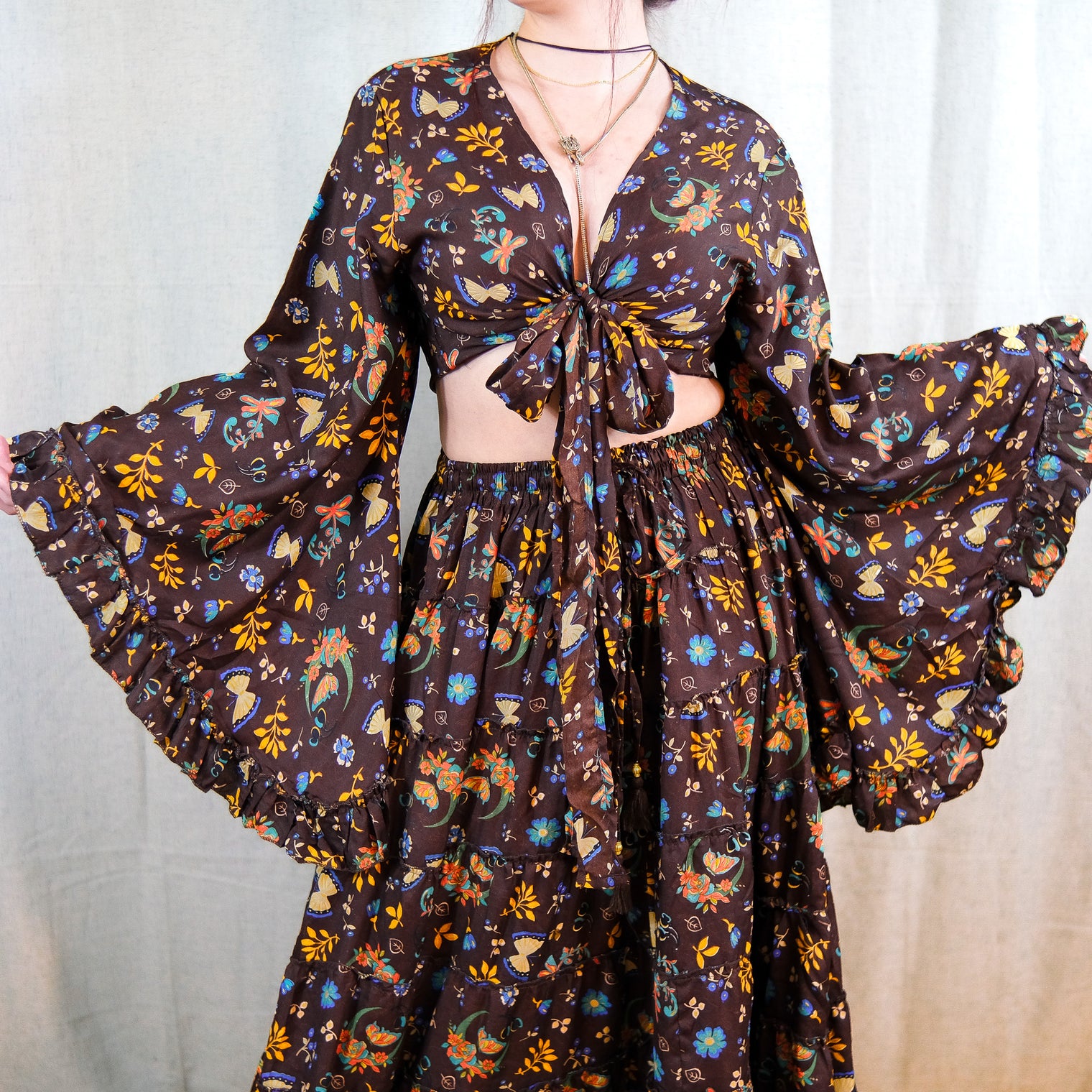 Forest Whisper Skirt with Ruffle Sleeve Top