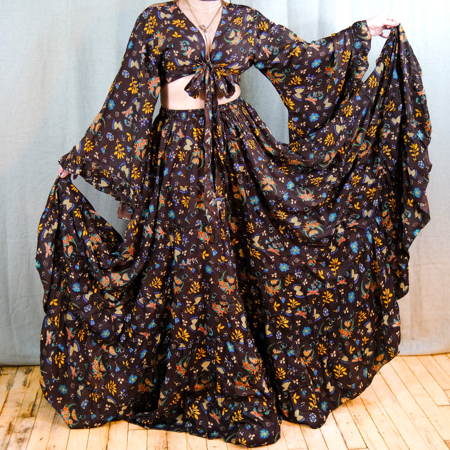 Forest Whisper Skirt with Ruffle Sleeve Top