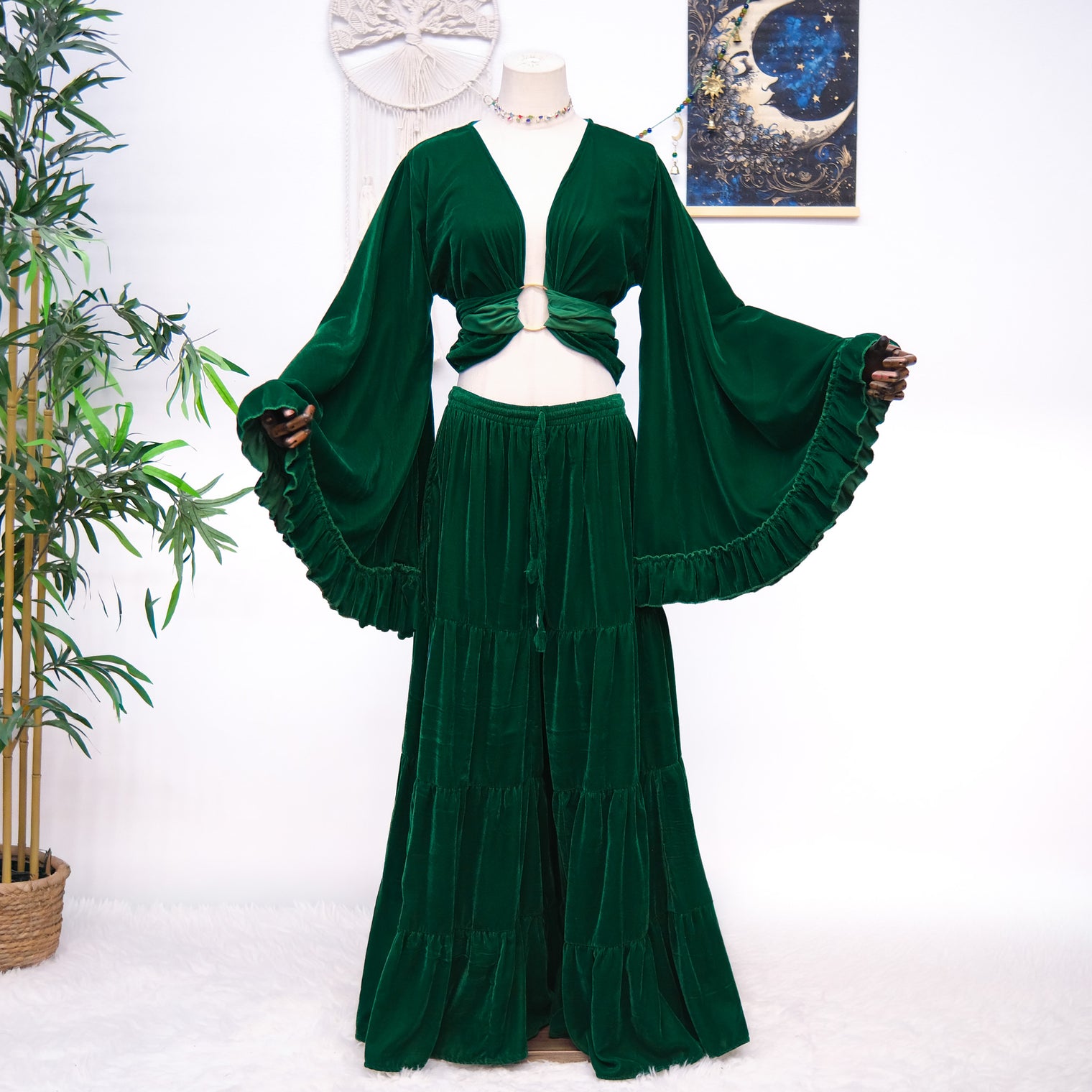 Velvet Dream Tiered Flowy Pants with Ruffle Wrap Top Set