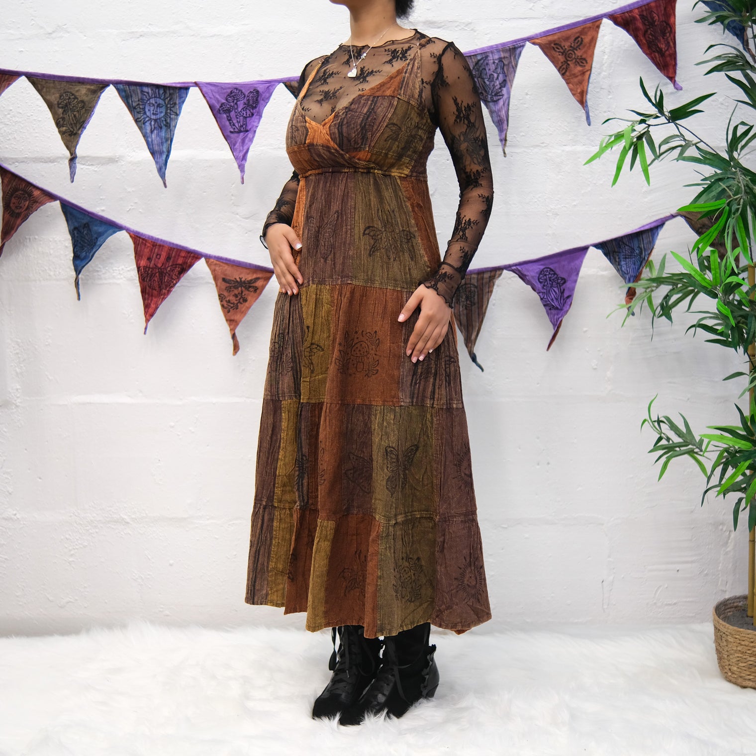 Patchwork Tiered Boho Maxi Dress with Pockets