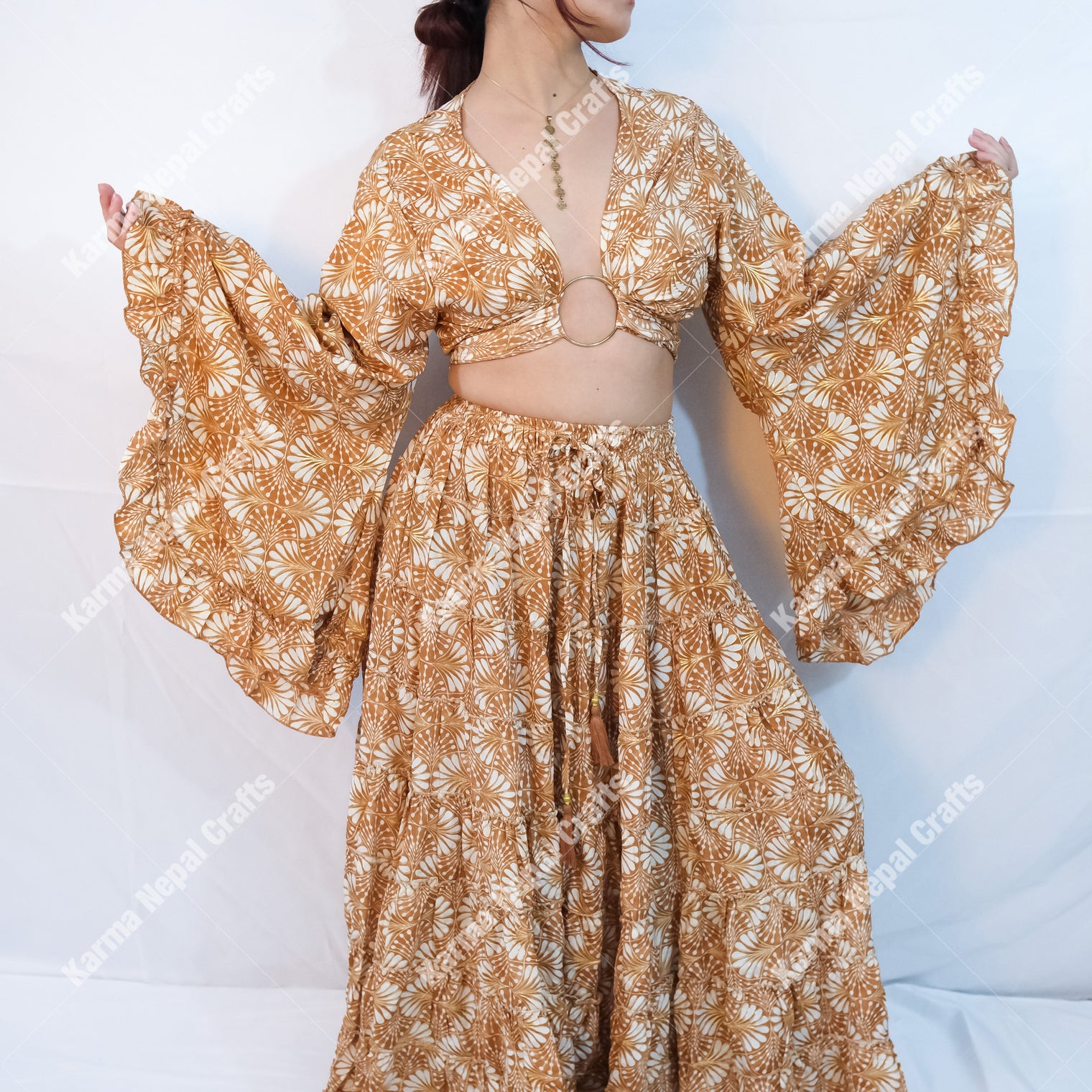 Willow Whisper Skirt with Ruffle Sleeve Top