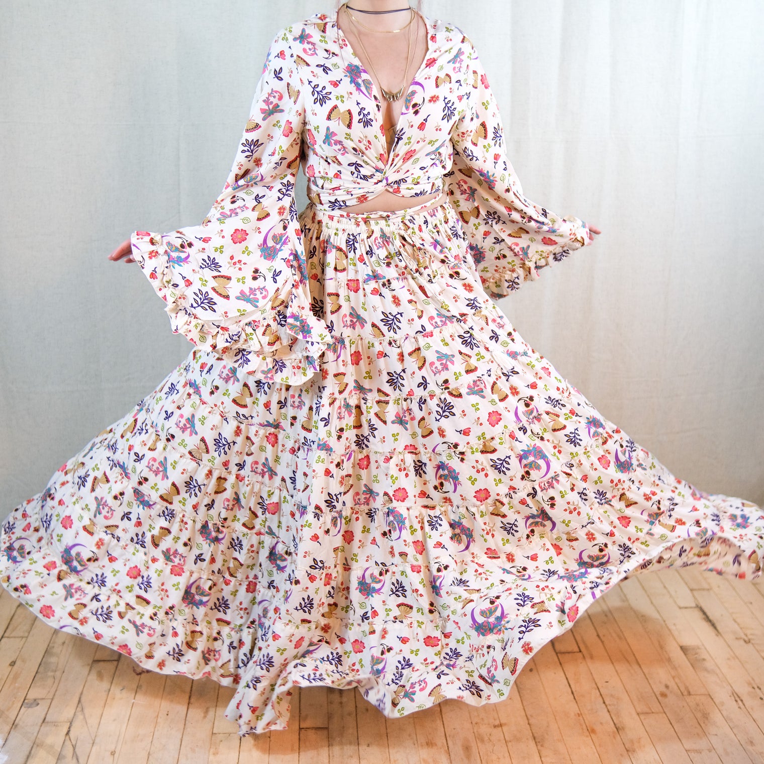 Forest Whisper Skirt with Ruffle Sleeve Top