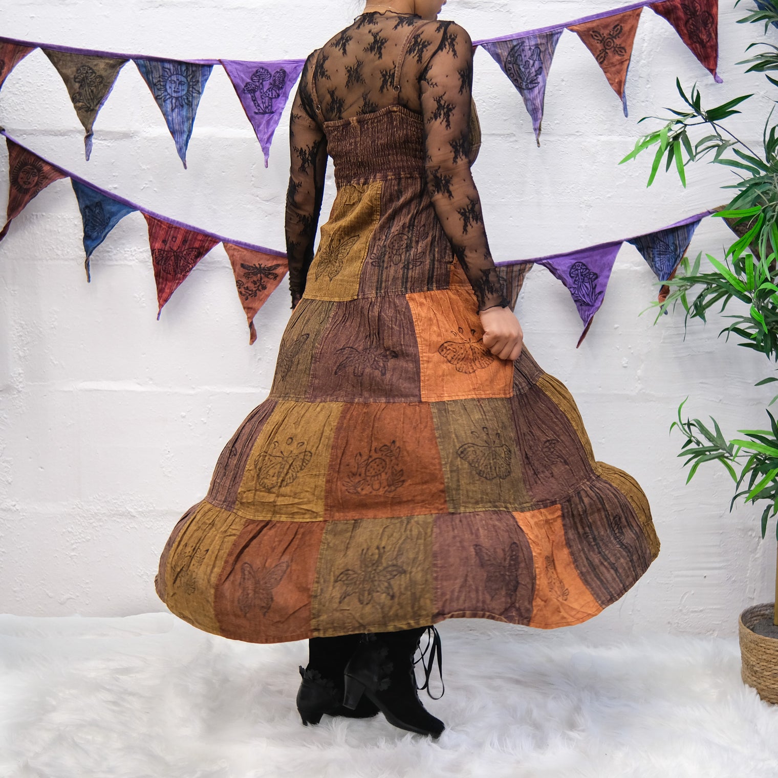 Patchwork Tiered Boho Maxi Dress with Pockets