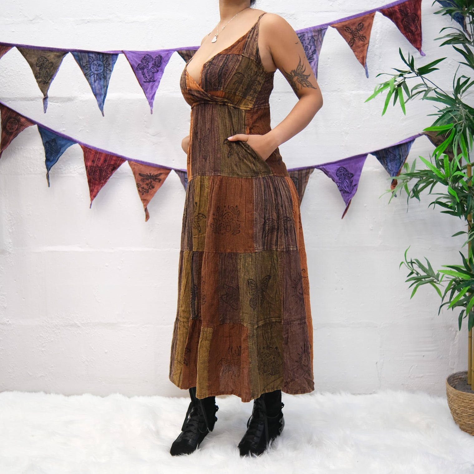 Patchwork Tiered Boho Maxi Dress with Pockets
