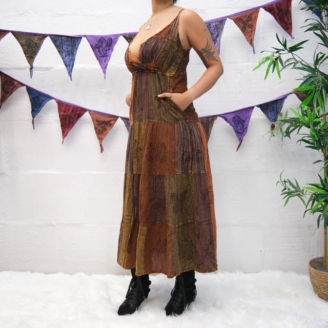 Patchwork Tiered Boho Maxi Dress with Pockets