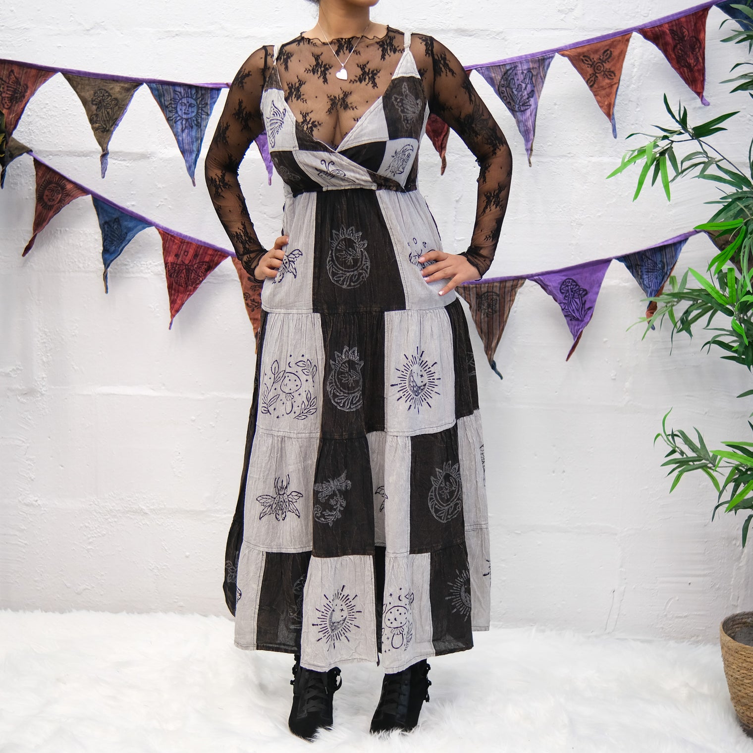 Patchwork Tiered Boho Maxi Dress with Pockets