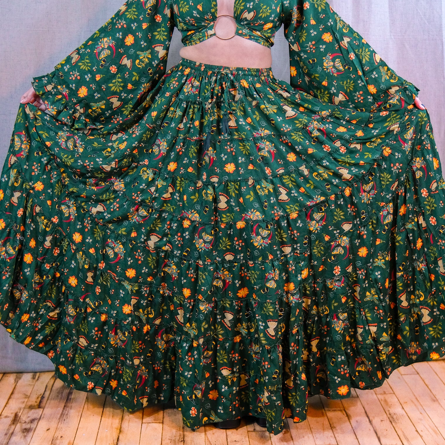 Forest Whisper Skirt with Ruffle Sleeve Top