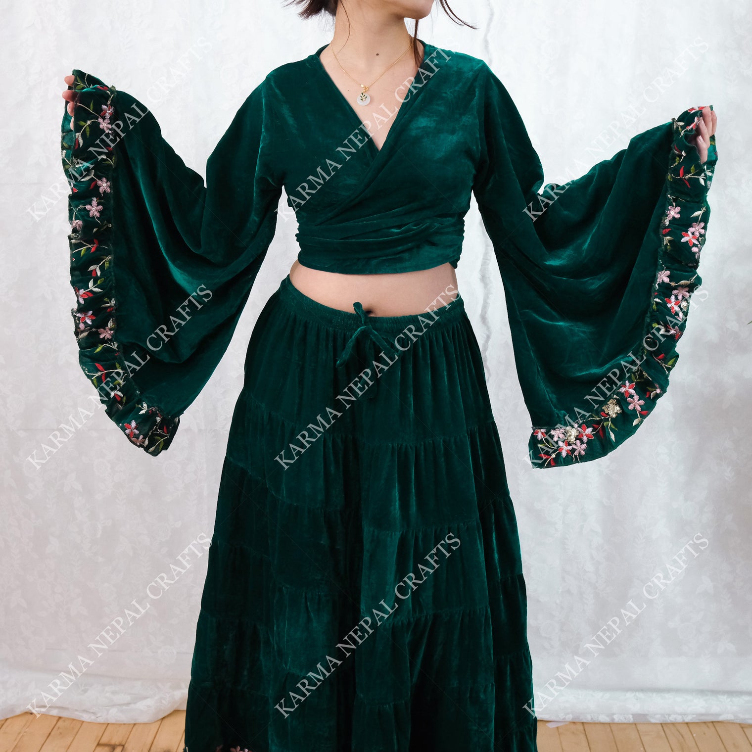 Velvet Whimsical Embroidered Ruffle Sleeve Top