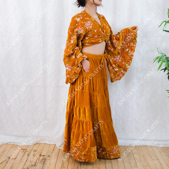 Boho Bloom Full Embroidery Velvet Wrap Top