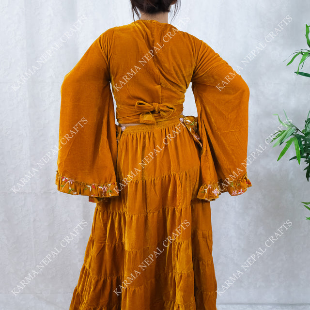 Velvet Whimsical Embroidered Ruffle Sleeve Top