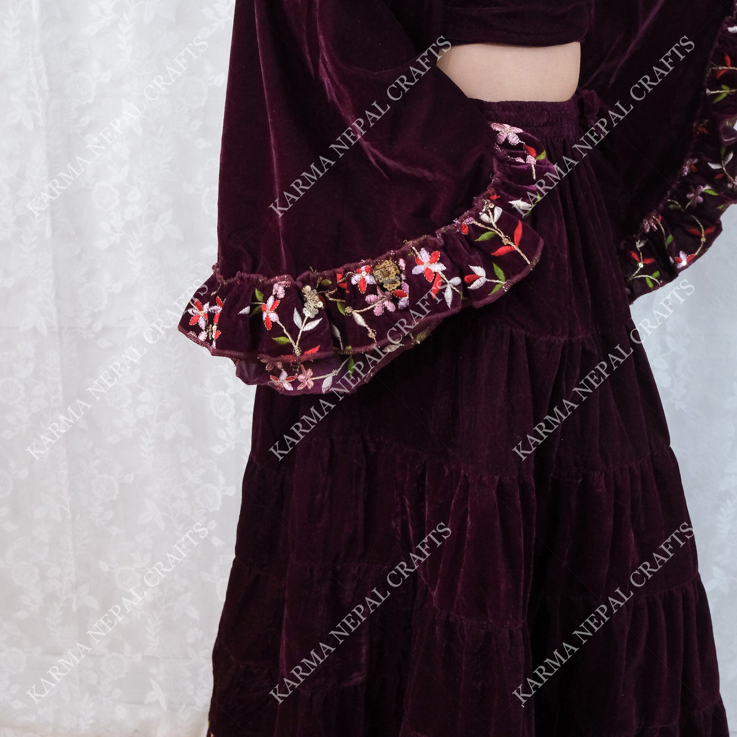 Velvet Whimsy Skirt Set with Hand Embroidery