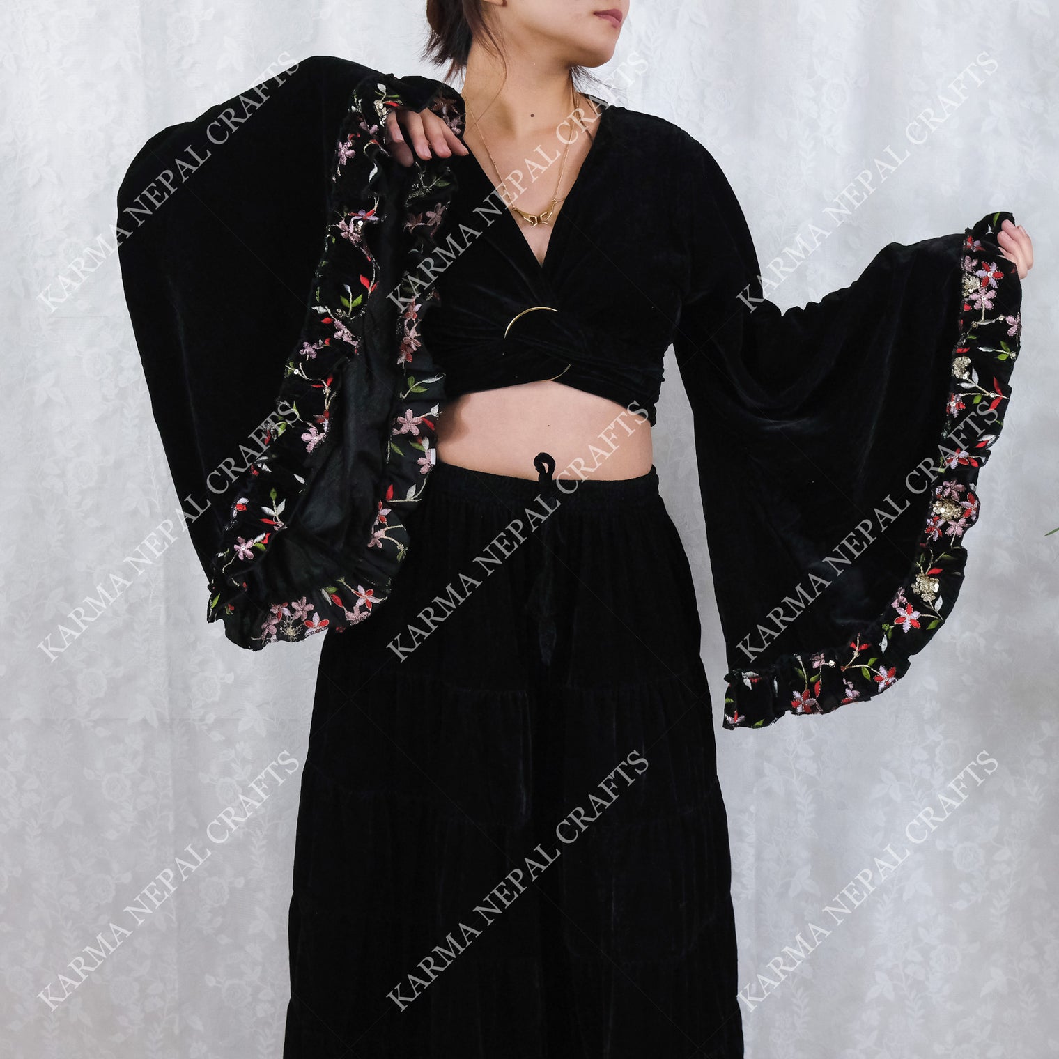 Velvet Whimsical Embroidered Ruffle Sleeve Top