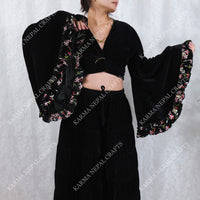 Velvet Whimsical Embroidered Ruffle Sleeve Top