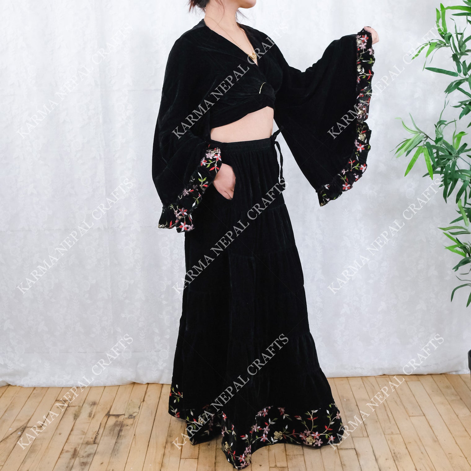 Velvet Whimsical Embroidered Ruffle Sleeve Top