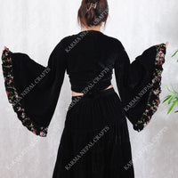 Velvet Whimsical Embroidered Ruffle Sleeve Top